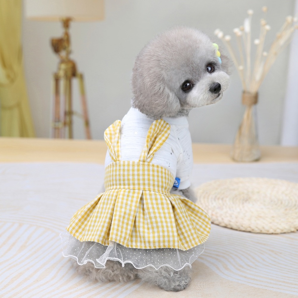 Pet clothes Bunny Lace and Yellow Plaid Dog Dress